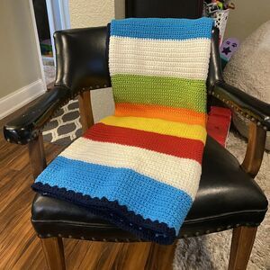 Vintage Handmade Crochet Blanket Afghan Rainbow Bright Colors 56"X56" Grandma